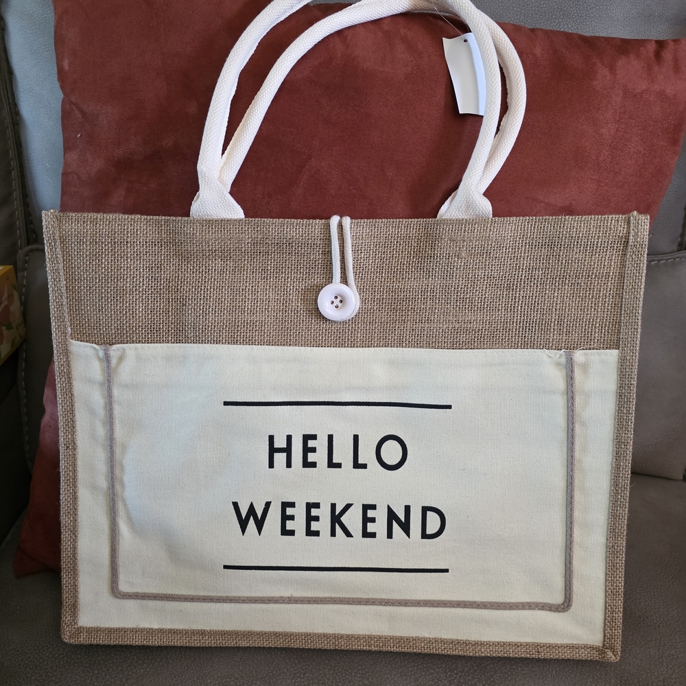Hello Weekend Tan and Cream Tote Bag